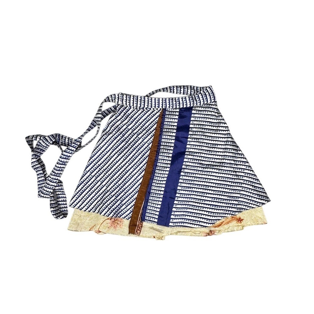 Womens Wrap Satin Midi Skirt Size 4-12 Blue & White Striped Reversible Boho Tie